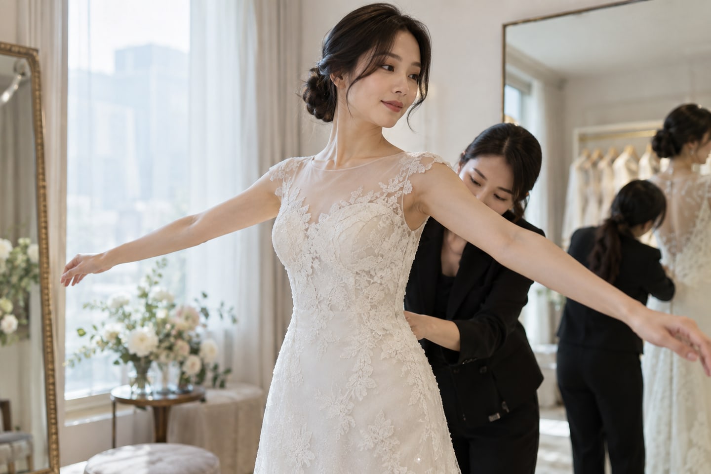 팔을 움직이며 어깨와 몸판의 착용감을 확인하는 장면