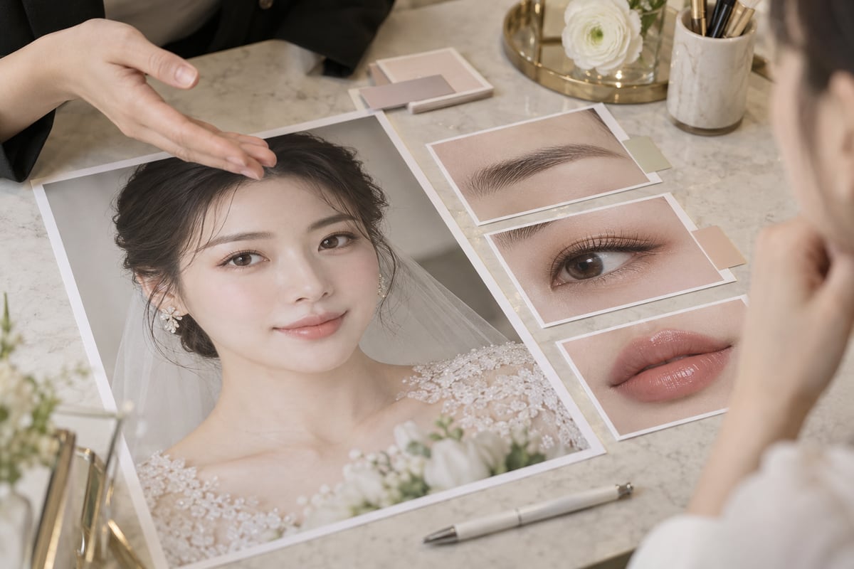 전체 메이크업 사진 옆에 눈썹과 눈매, 입술 참고 이미지를 나누어 놓은 상담 자료