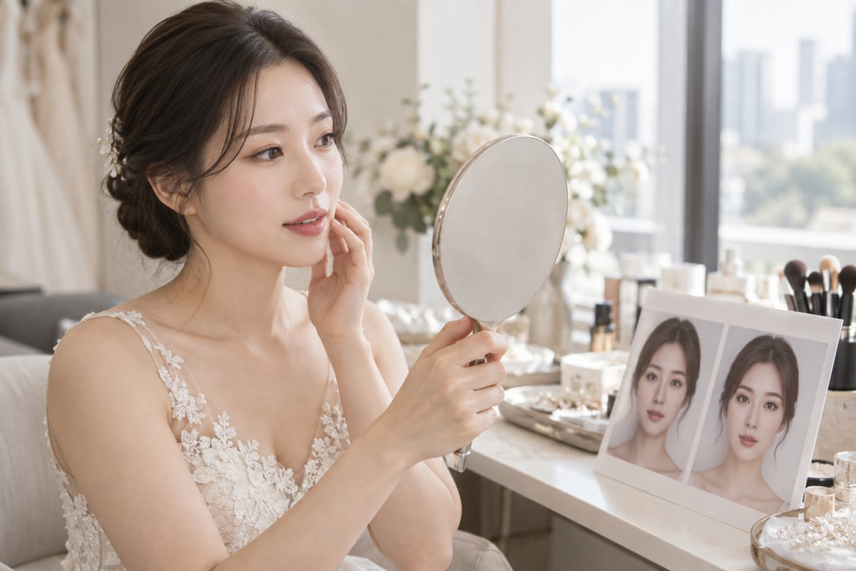창가에서 손거울로 자신의 얼굴을 확인하고 옆에 둔 메이크업 참고 사진을 살펴보는 예비 신부