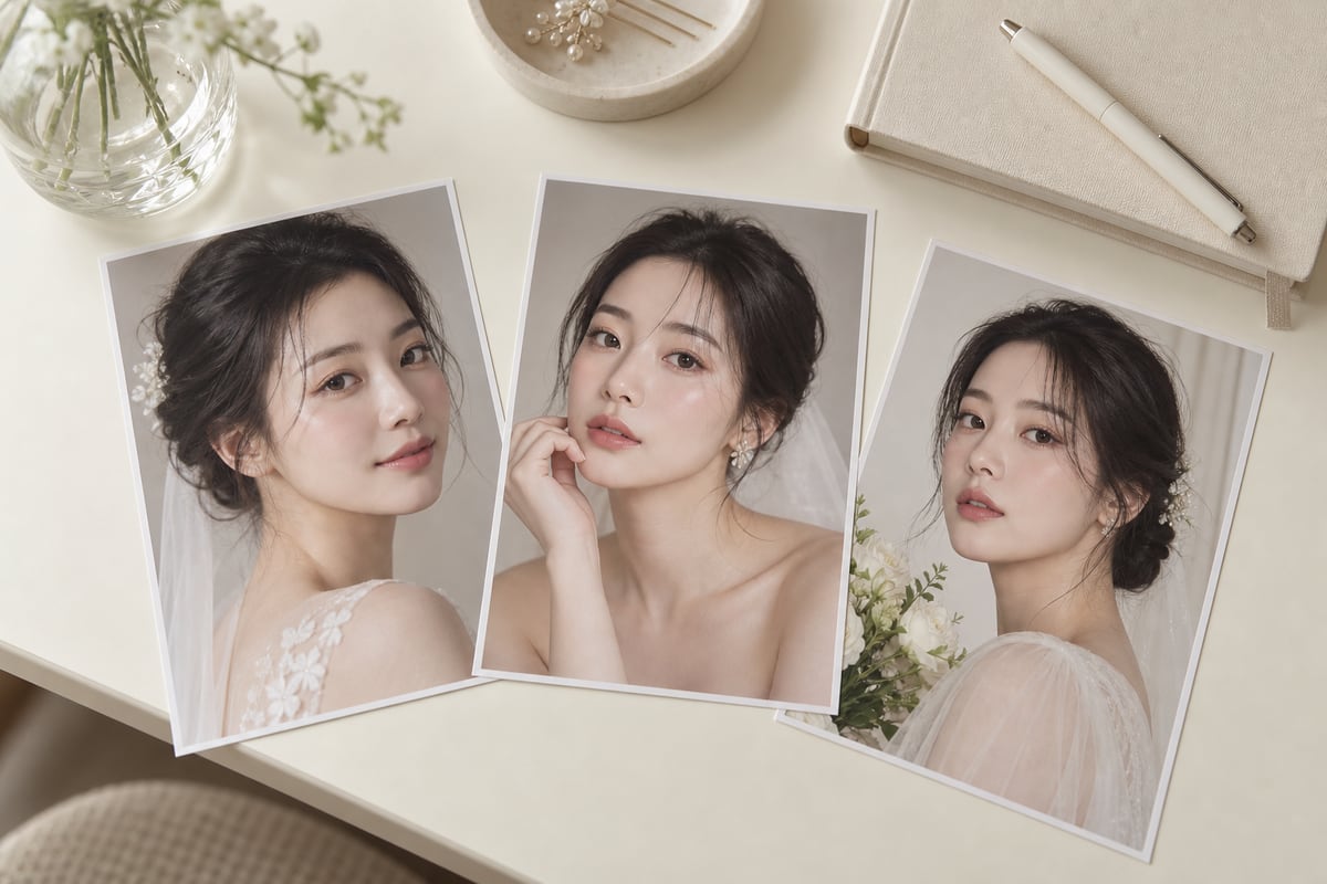웨딩 메이크업 참고용 인물 사진 세 장과 메모용 노트를 정리한 모습