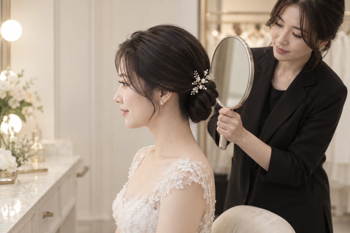 헤어 담당자가 손거울을 들어 신부에게 낮게 묶은 머리와 옆쪽 장식 위치를 보여 주는 장면