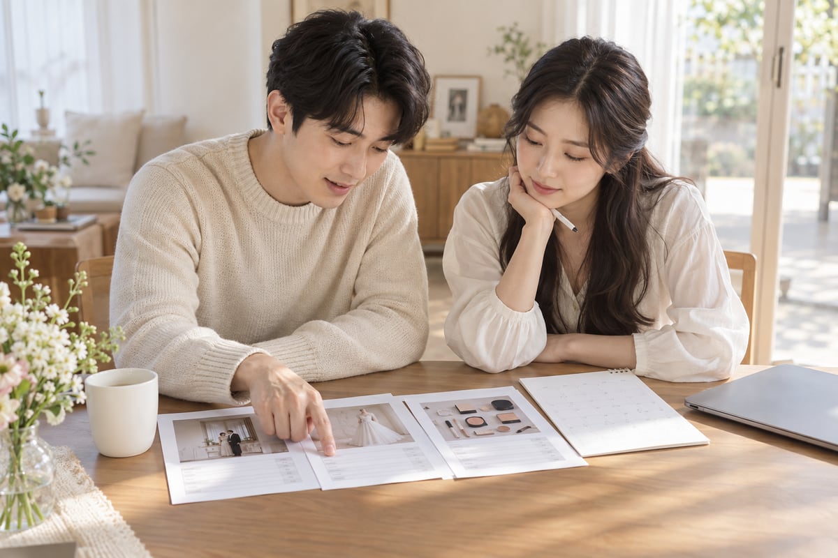 집에서 견적서와 달력을 함께 보며 웨딩 촬영 준비 내용을 검토하는 예비부부
