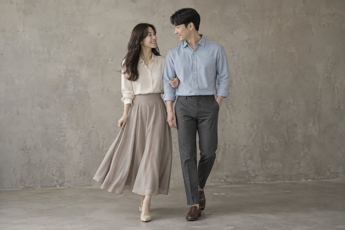 회색 벽 앞에서 크림색과 연한 파란색 상의로 색을 조화롭게 맞춘 예비부부