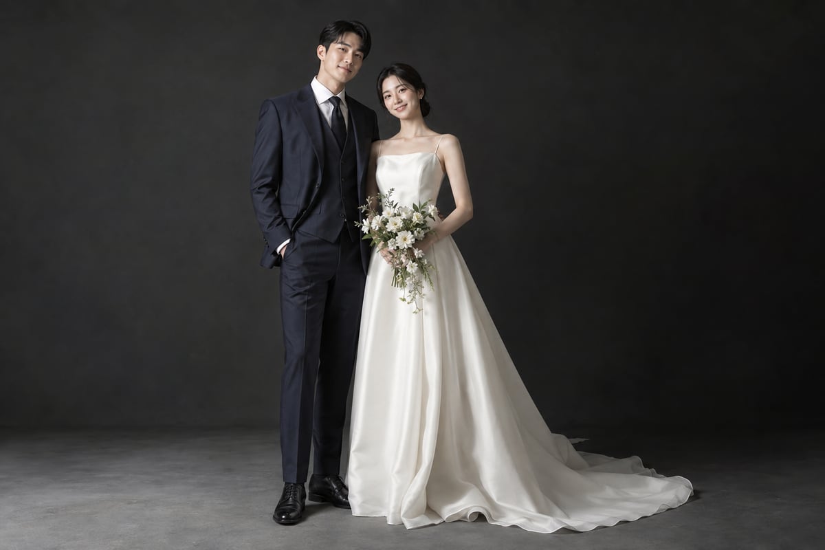 짙은 회색 스튜디오 배경에서 아이보리 드레스와 네이비 예복을 입은 신랑 신부