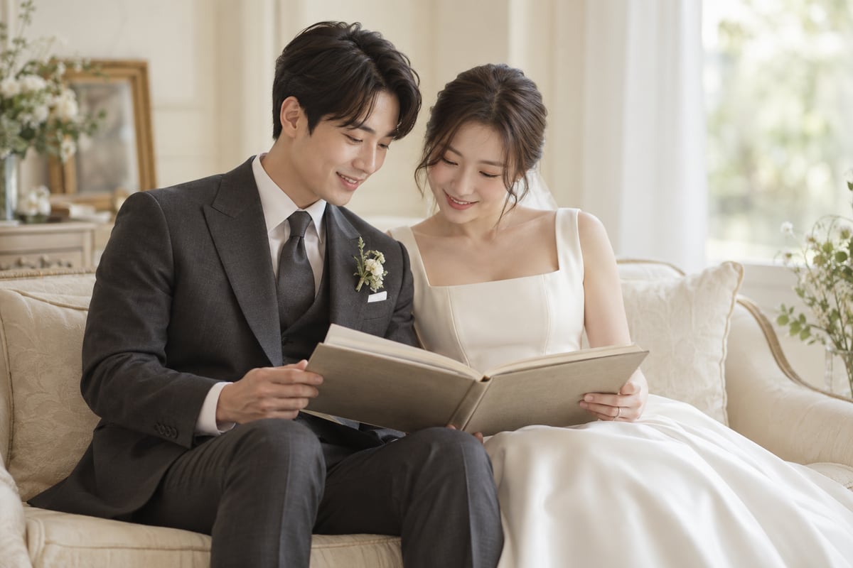 소파에 나란히 앉아 한 권의 책을 함께 보며 미소 짓는 신랑 신부