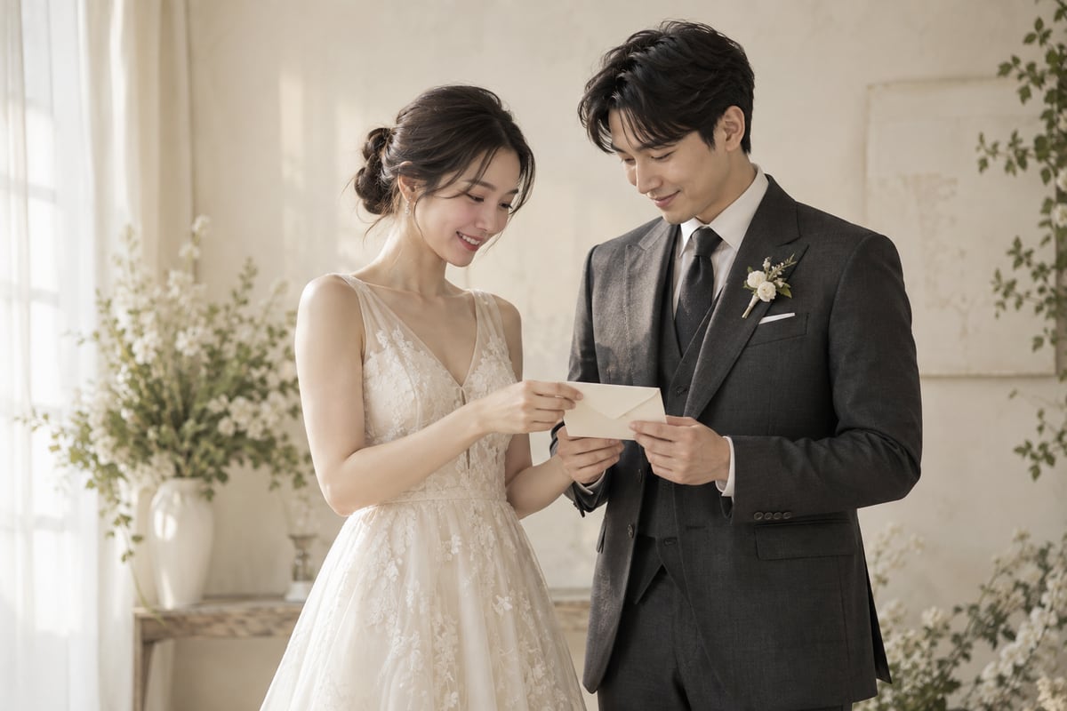 밝은 웨딩 스튜디오에서 편지 봉투를 함께 바라보며 주고받는 신랑 신부