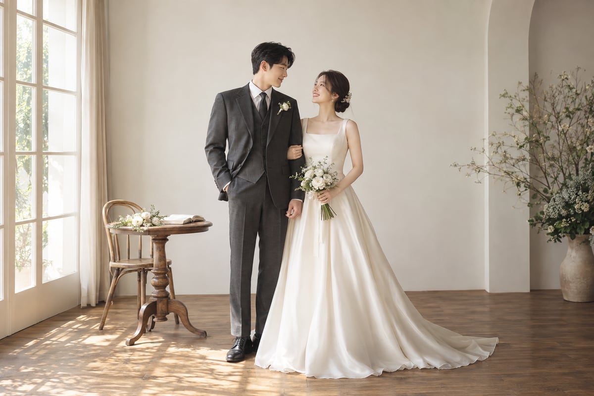 책과 부케를 작은 테이블에 놓고 서로 바라보는 신랑 신부의 웨딩 사진