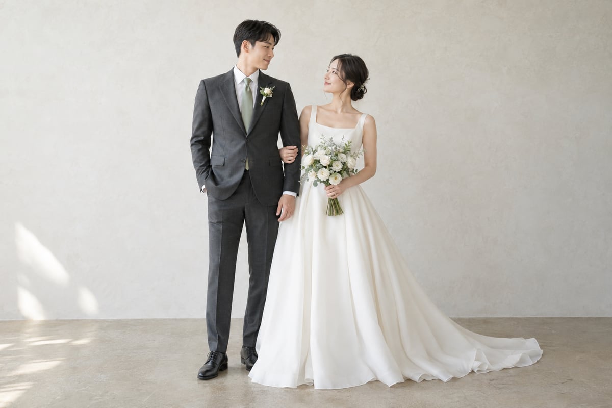 아이보리 부케를 든 신부와 녹색 넥타이 및 작은 꽃 부토니에를 착용한 신랑이 함께 선 전신 사진