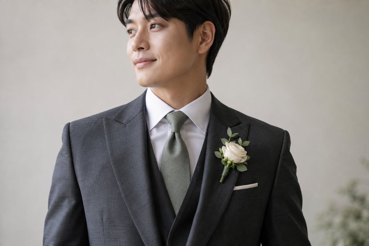 차콜 예복과 차분한 녹색 넥타이에 작은 아이보리 꽃 부토니에를 조합한 신랑의 상반신