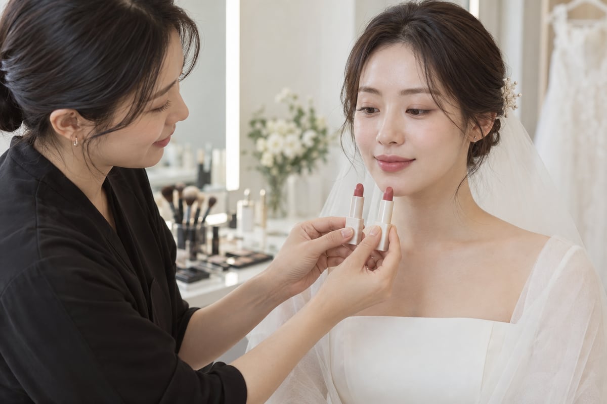 메이크업 담당자와 두 가지 차분한 장밋빛 립 색상을 비교하는 신부