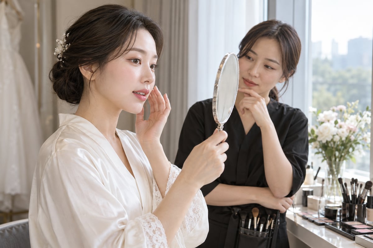 창가의 부드러운 빛 아래에서 담당자와 함께 손거울로 메이크업을 확인하는 신부