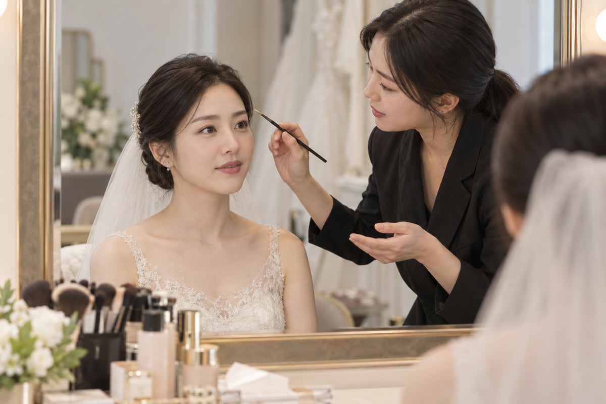 메이크업 담당자와 눈썹 바깥쪽의 모양을 확인하며 수정 방향을 상담하는 신부