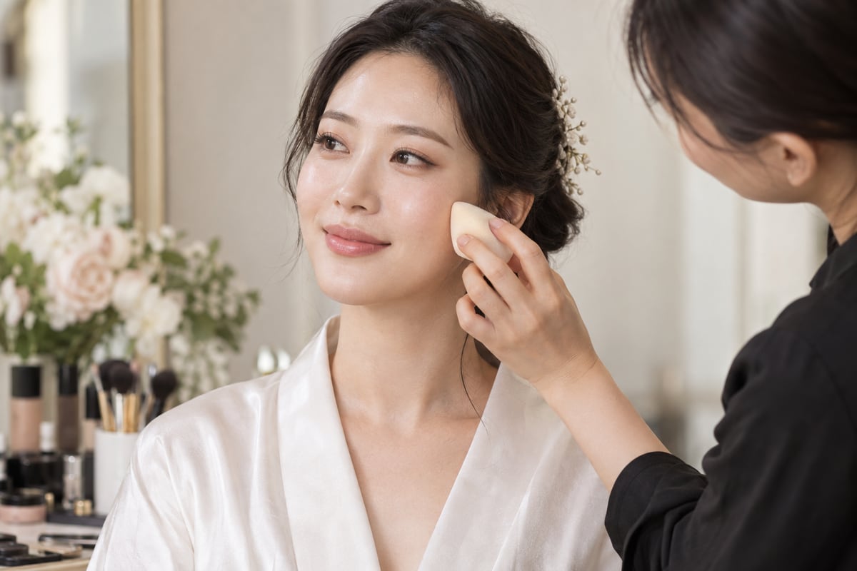 작은 메이크업 스펀지로 신부의 볼 부분 베이스 표현을 섬세하게 정리하는 장면