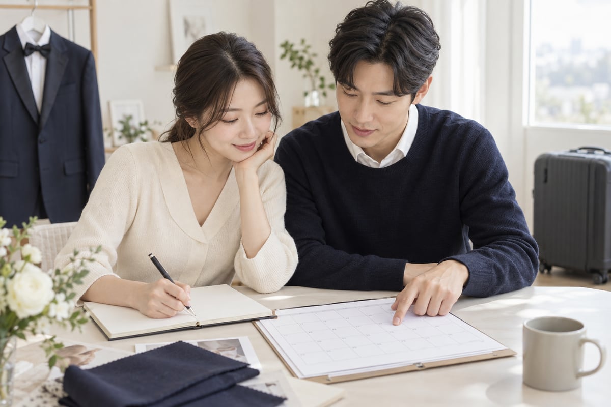 예비부부가 달력과 노트를 보며 예복 반납과 여행 출발 일정을 함께 정리하는 모습