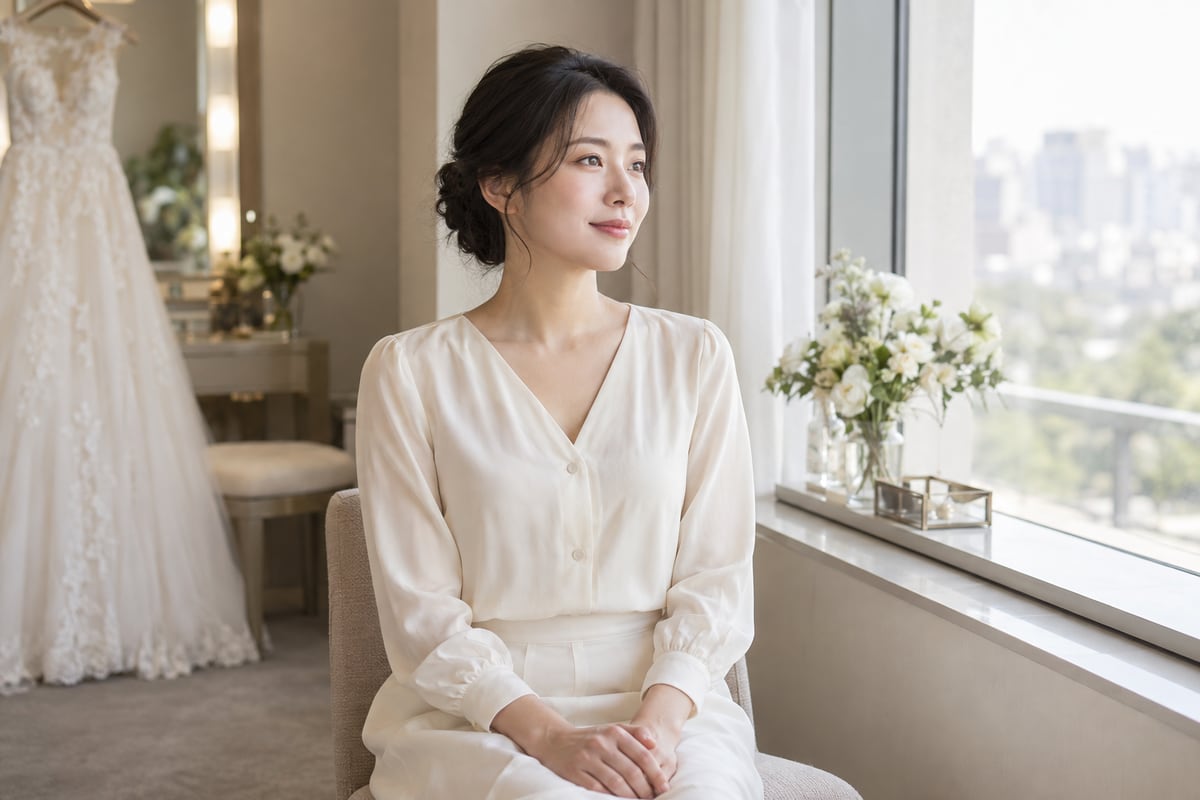창가에 편안히 앉아 어깨의 힘을 풀고 촬영을 준비하는 예비 신부
