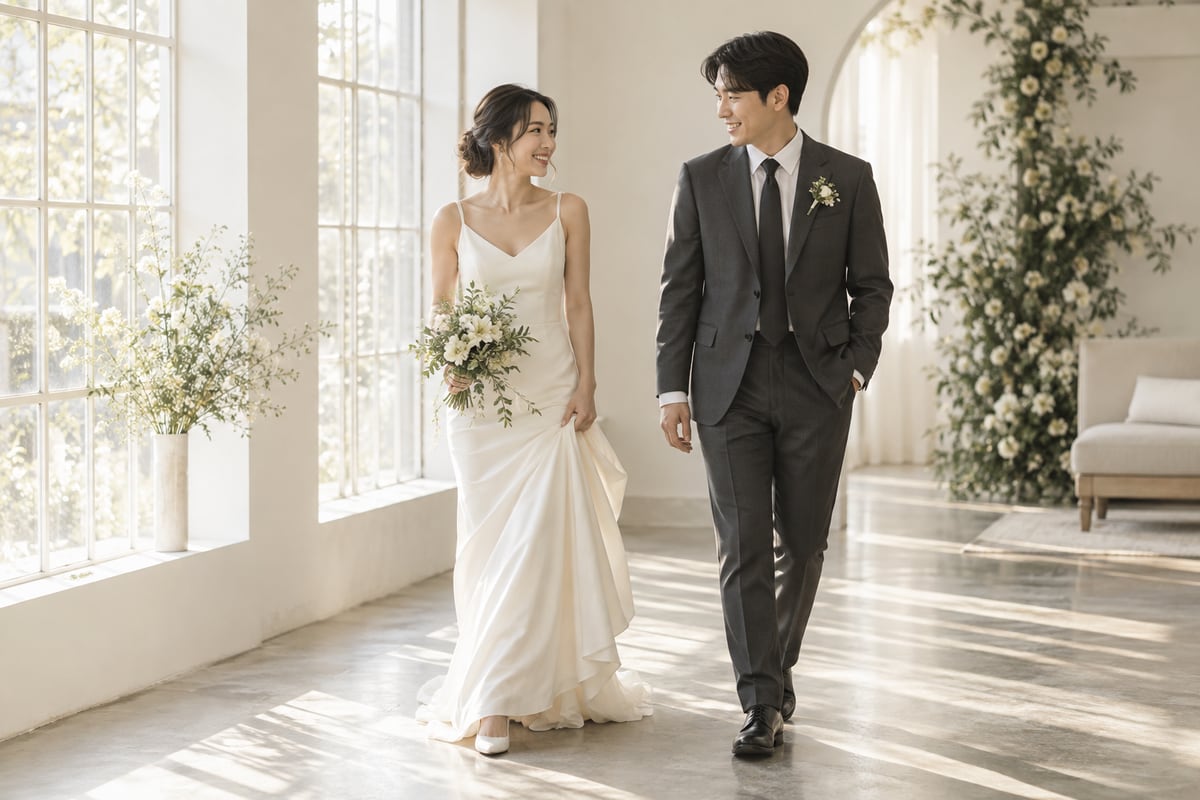 밝은 웨딩 스튜디오에서 서로 바라보며 천천히 걷고 대화하는 신랑 신부