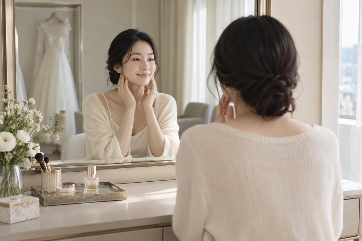 거울을 보며 턱과 어깨를 편안하게 유지하고 작은 미소를 연습하는 예비 신부