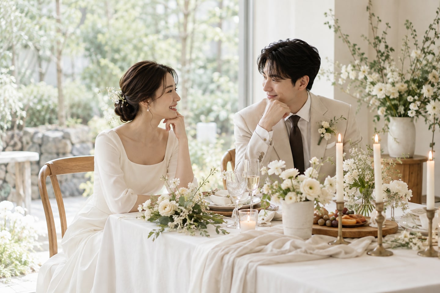 밝은 중성색과 나무가 어우러진 테이블