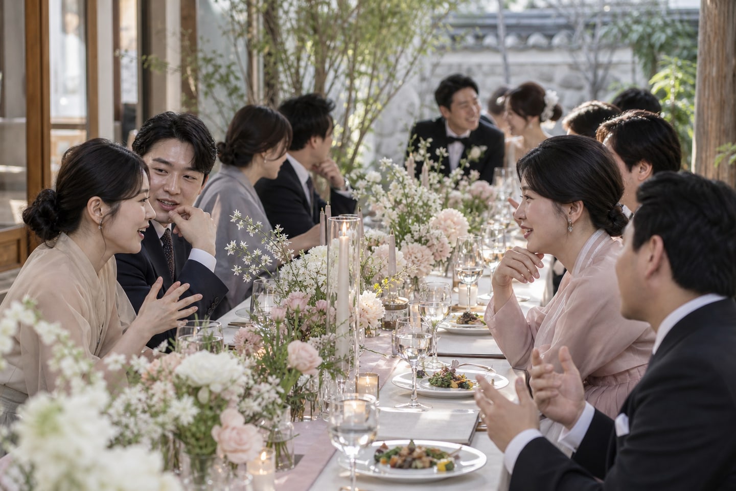마주 앉은 하객이 대화하는 식탁