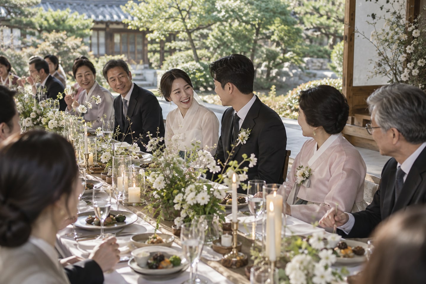 가족 식탁 가운데에서 함께 식사하는 두 사람