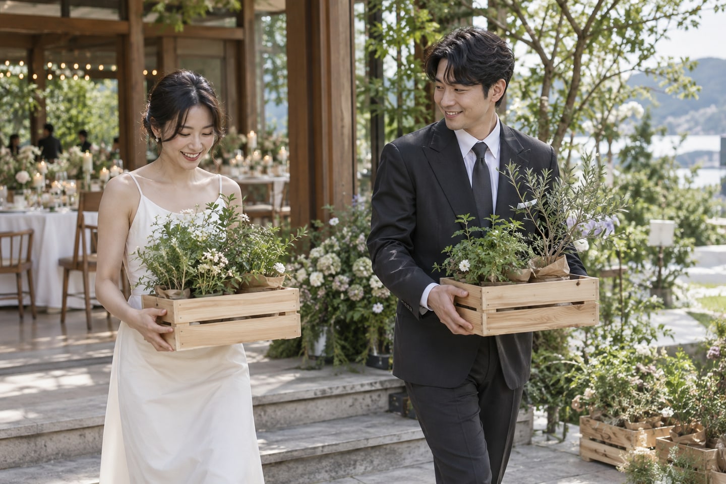 행사 후 작은 식물을 운반하는 장면