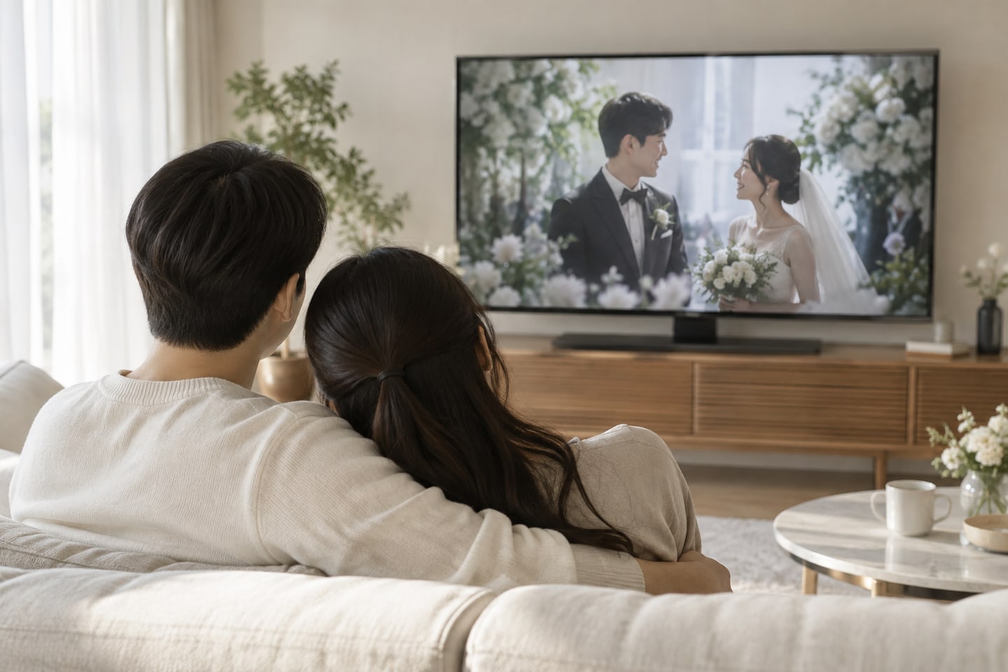 집에서 완성된 예식 영상을 보는 두 사람