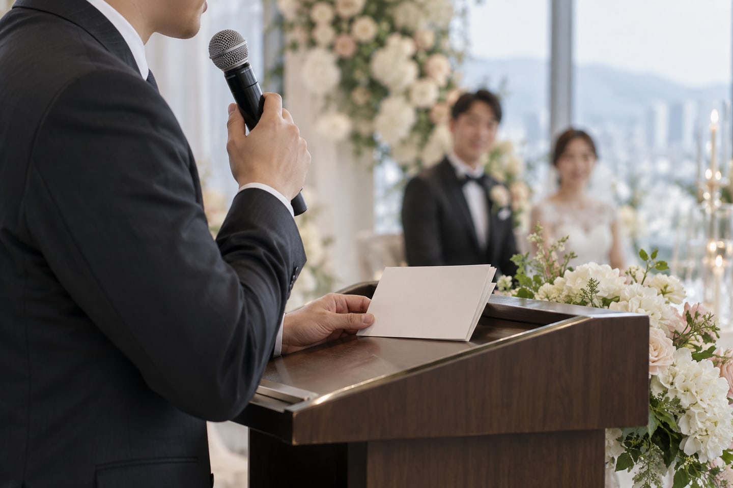 진행 안내를 준비한 마이크와 원고 카드