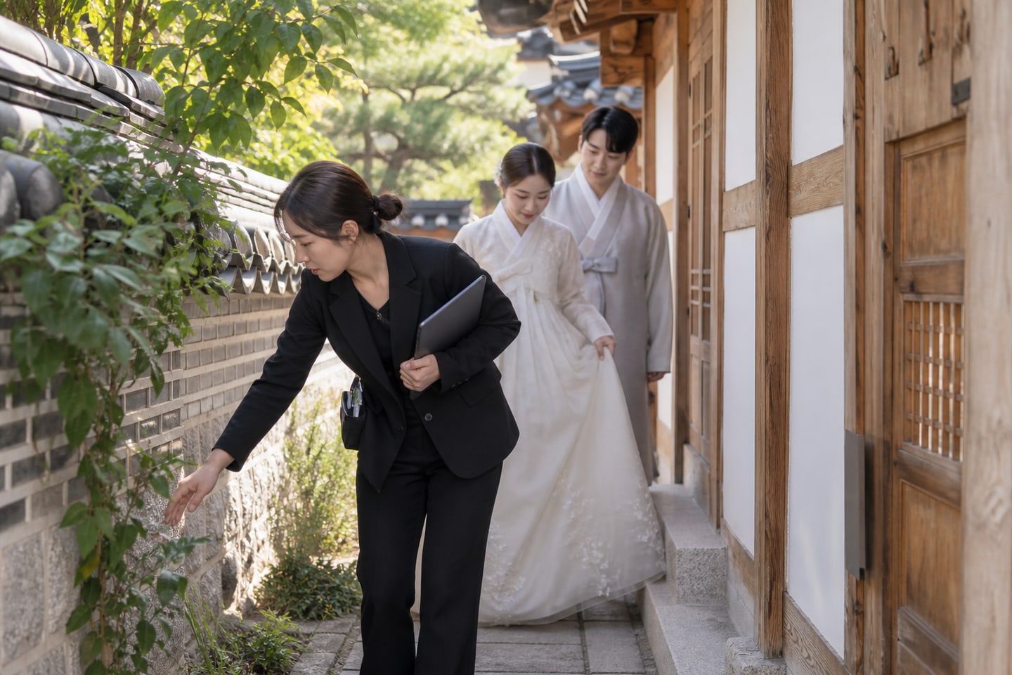 촬영 전 좁은 복도의 동선을 확인