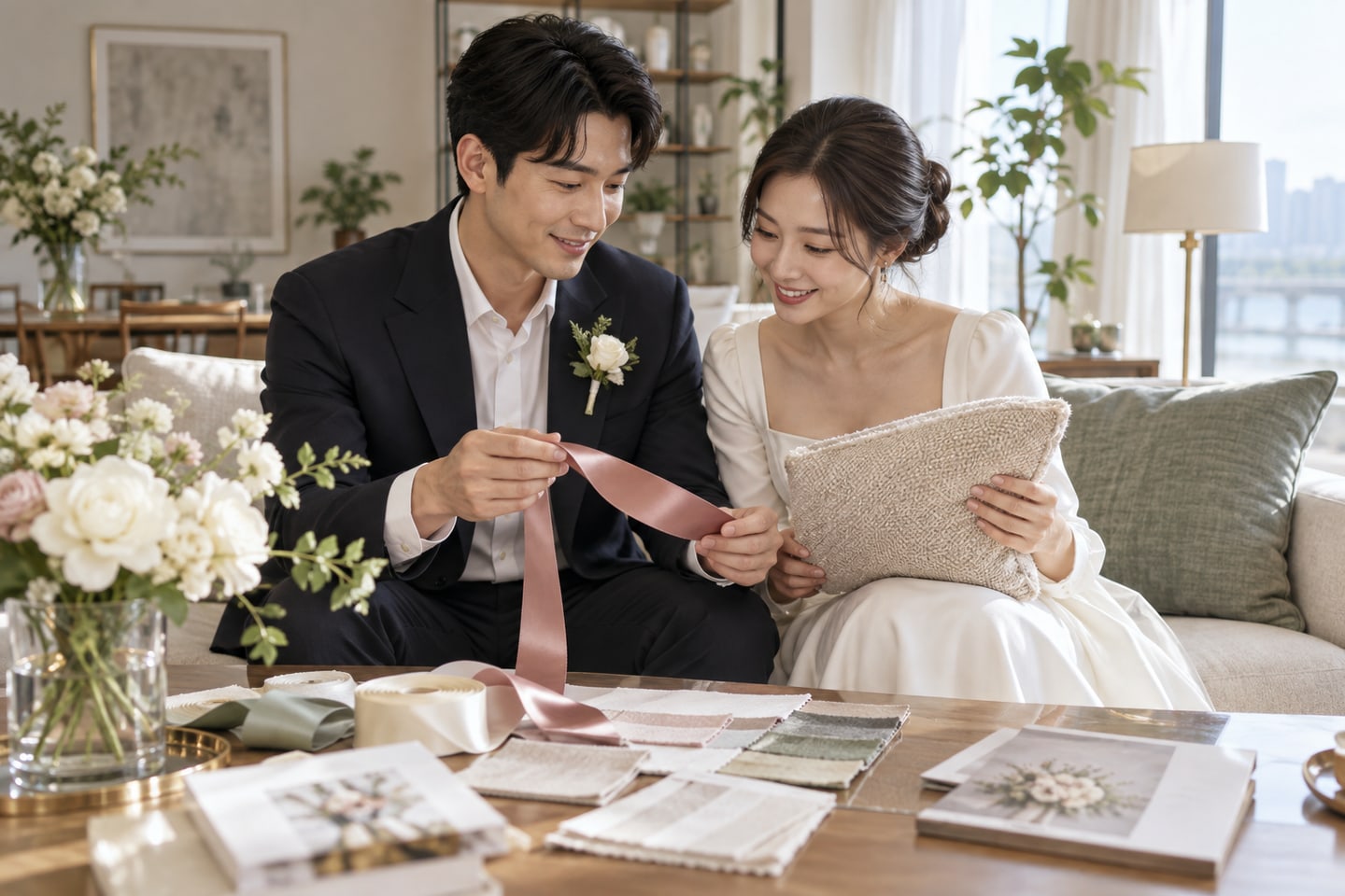 기념 리본과 생활 패브릭의 색을 비교