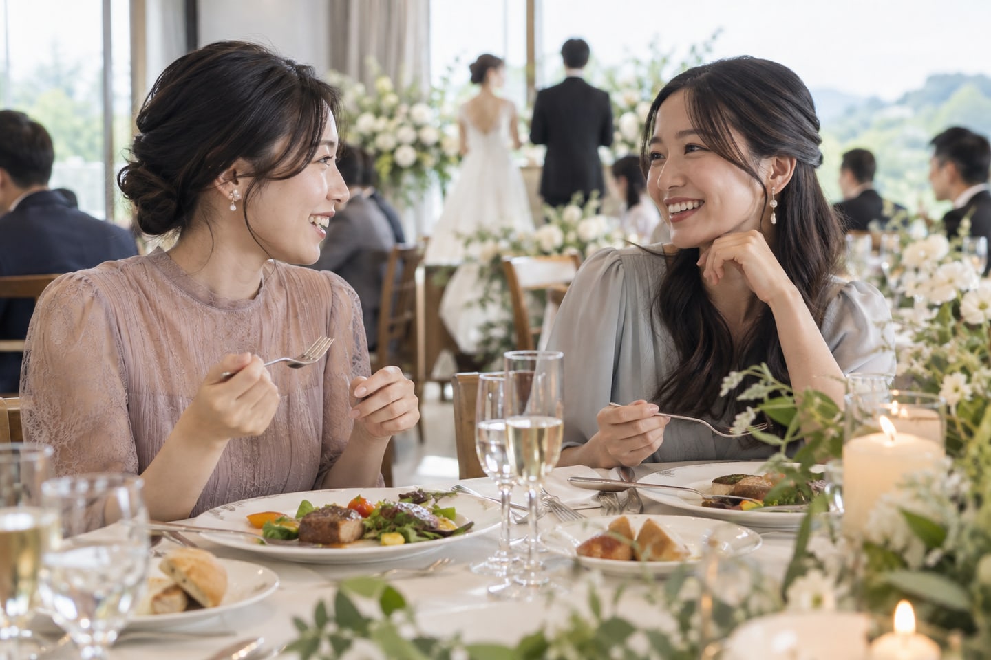 식사를 하며 대화를 나누는 하객