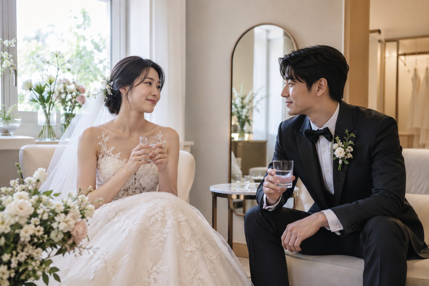 대기실에서 잠시 물을 마시며 쉬는 두 사람