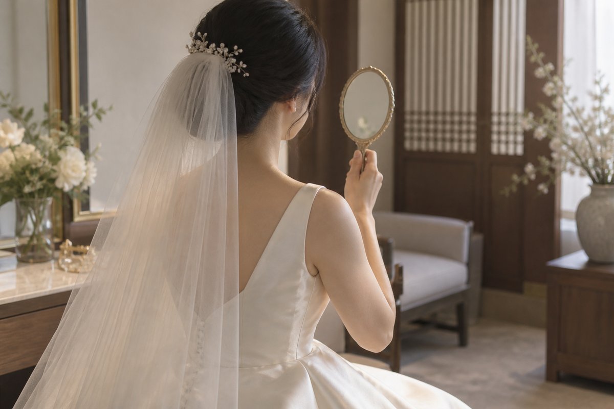 AI 생성 이미지 · . 앞선 야외 스냅 준비와 비교되는 실내 본식 준비 장면으로, 예식 전 메이크업을 점검하는 상황을 표현했다.