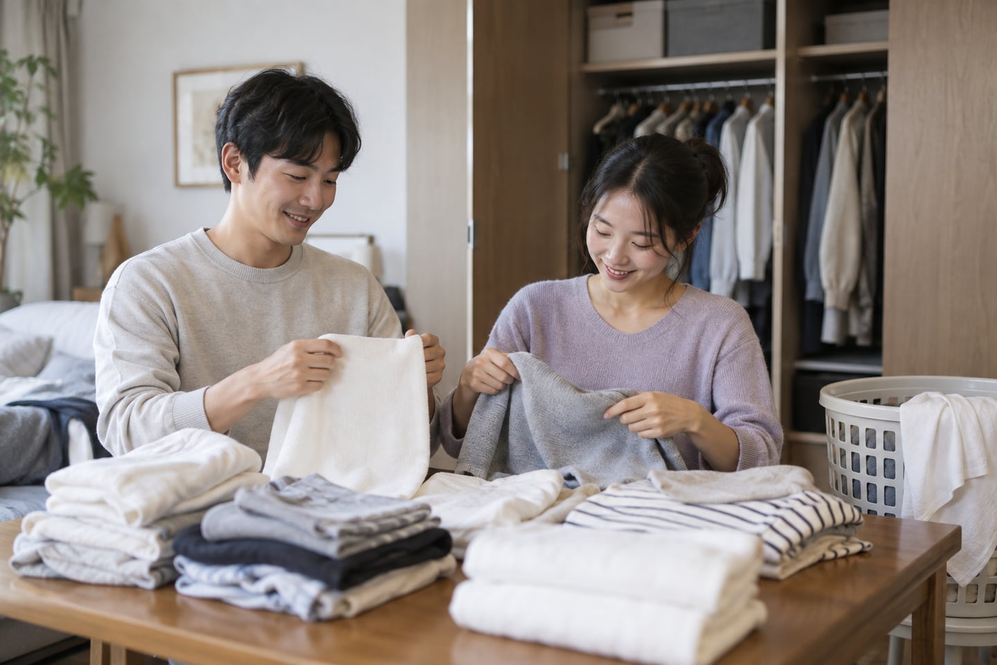빨래를 개고 옷장에 넣는 단계까지 마무리하는 장면