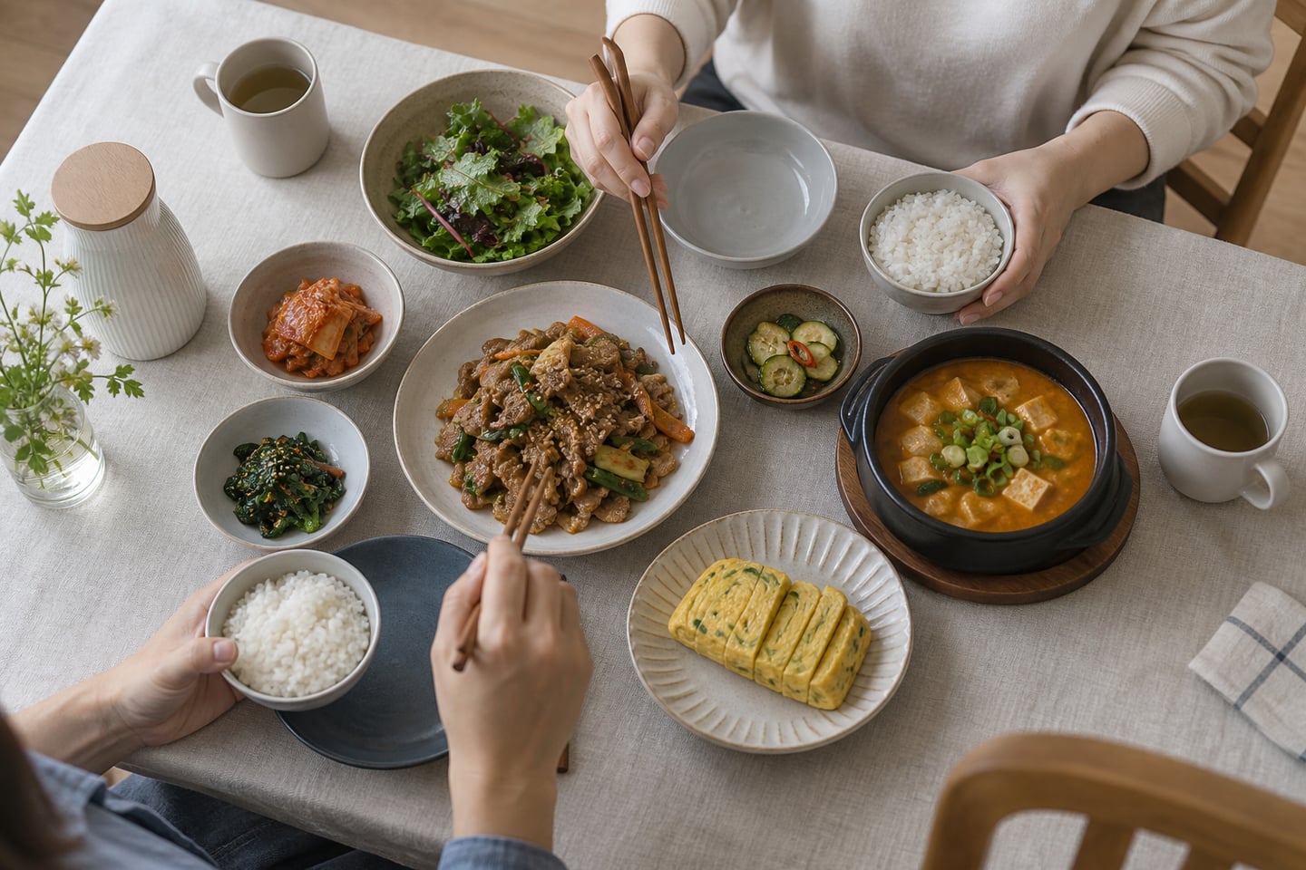 한 끼에 사용하는 그릇과 냄비를 모아 보는 예시