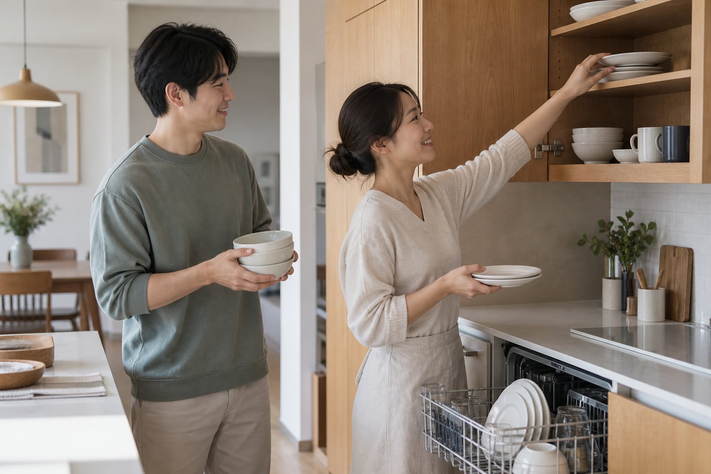 세척 뒤 그릇을 꺼내 수납하는 일까지 나누는 장면