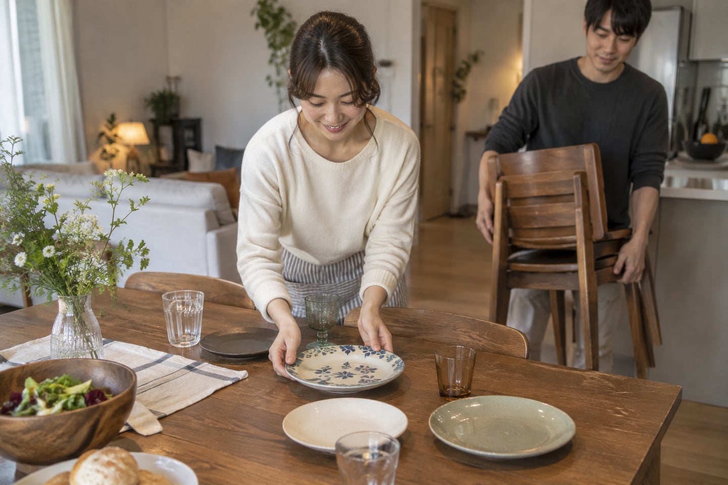 손님 수에 맞춰 식기와 의자를 확인하는 장면