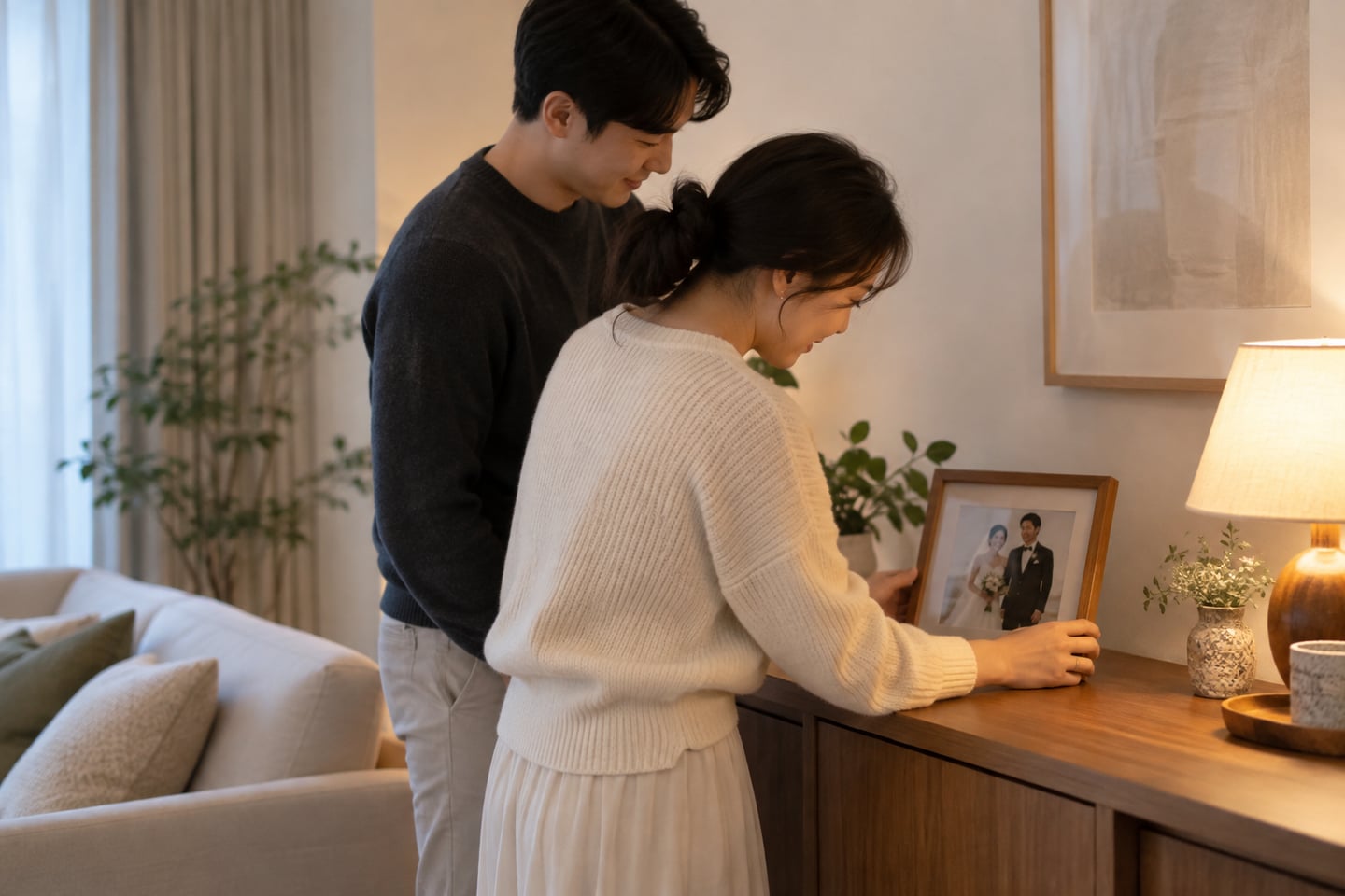 결혼 사진을 집에 걸기 전 두 사람이 고르는 자리