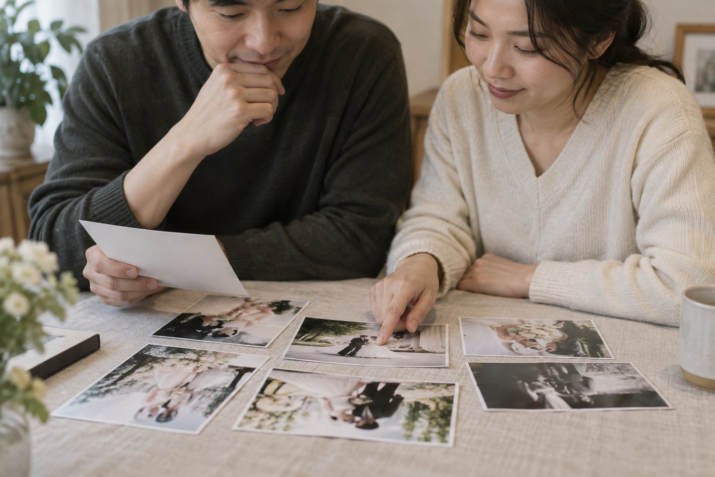 집에서 오래 보고 싶은 결혼사진을 함께 고르는 장면