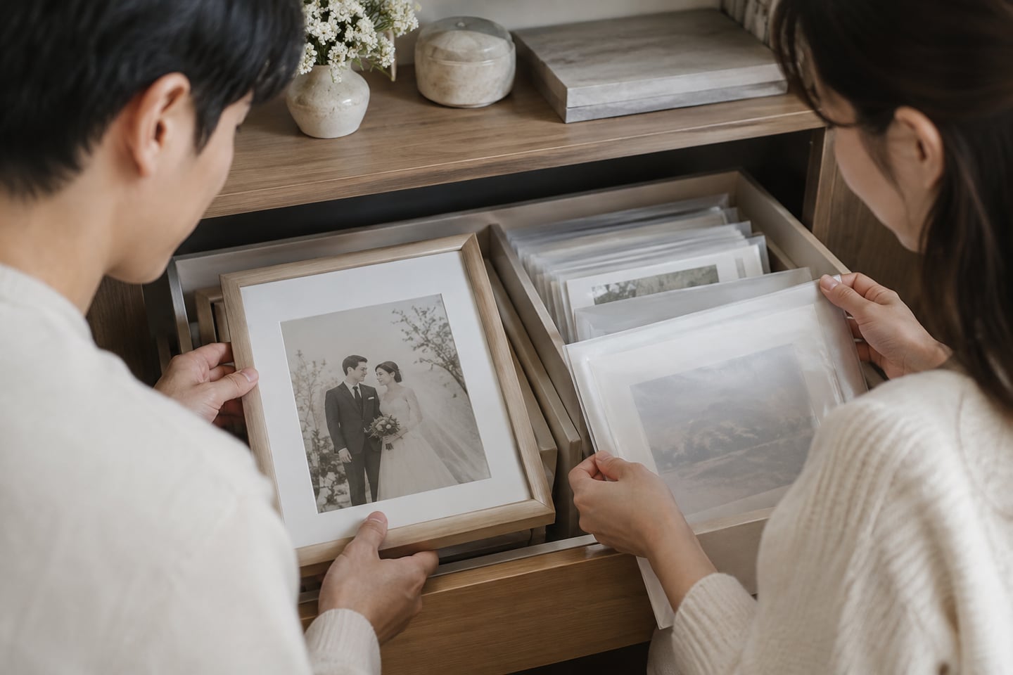 교체할 사진과 기존 인화물을 분리해 보관하는 예시