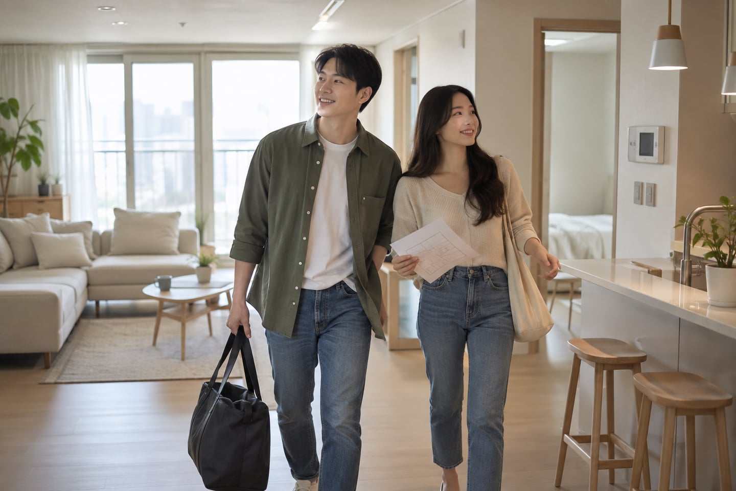 귀가 후 움직임을 따라 가구 배치를 생각하는 장면