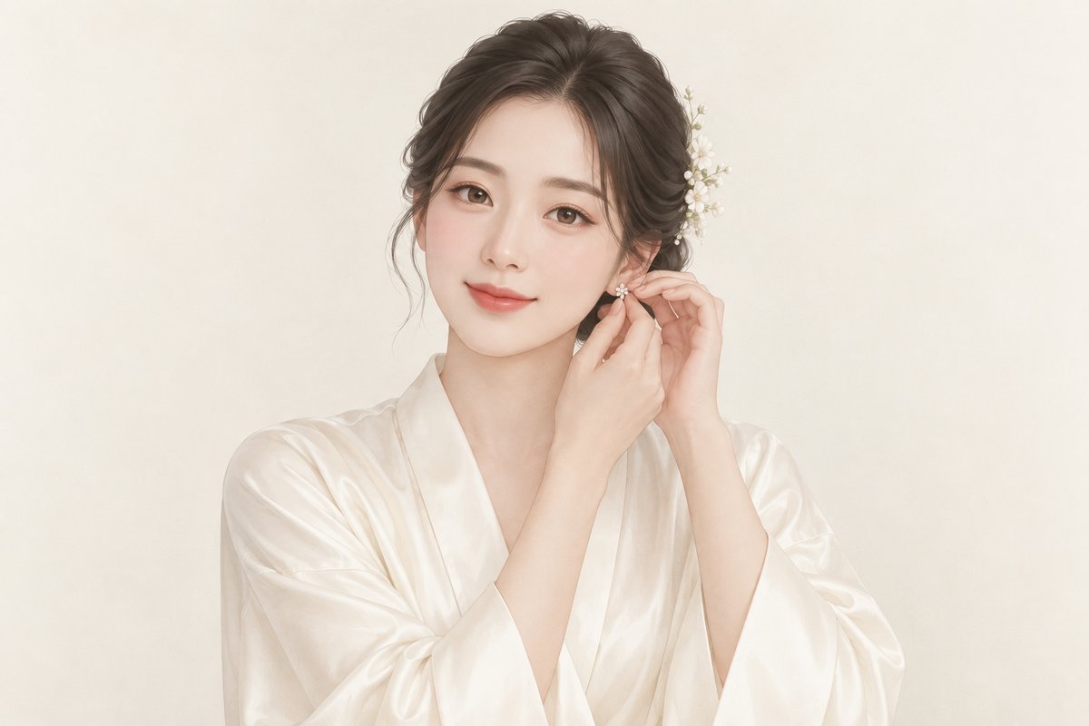 AI 생성 이미지 · . 같은 구도의 메이크업 비교 중 첫 번째 대상으로, 눈과 입술의 색 대비를 낮춘 부드러운 표현.