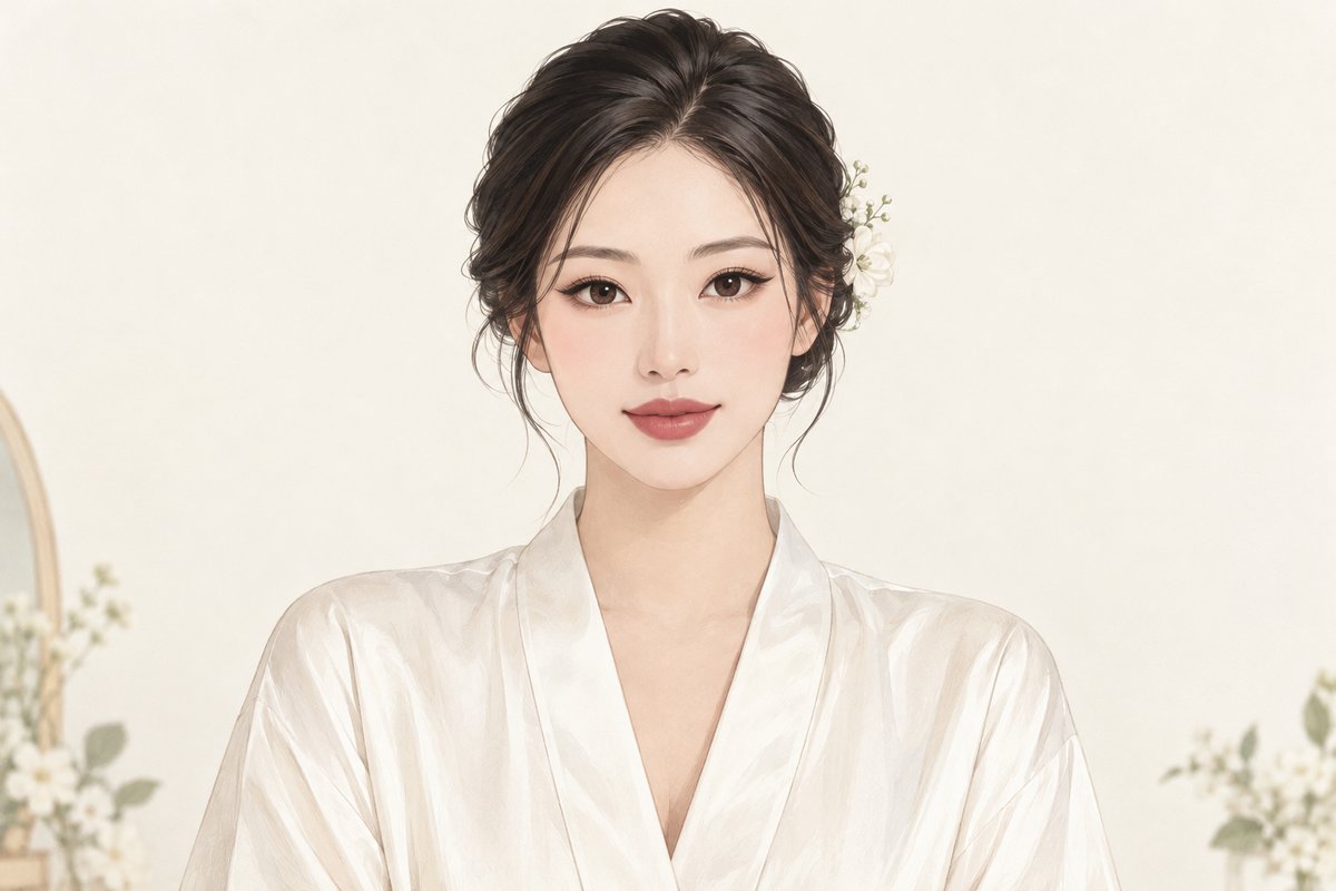 AI 생성 이미지 · . 앞선 사진과 같은 구도의 두 번째 비교 대상으로, 눈매의 경계와 입술 색을 분명하게 표현한 모습.